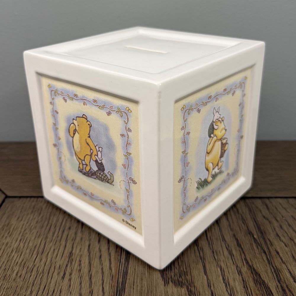 Disney Winnie the Pooh Ceramic Block Piggy Bank Nursery Decor White Square 5.5in